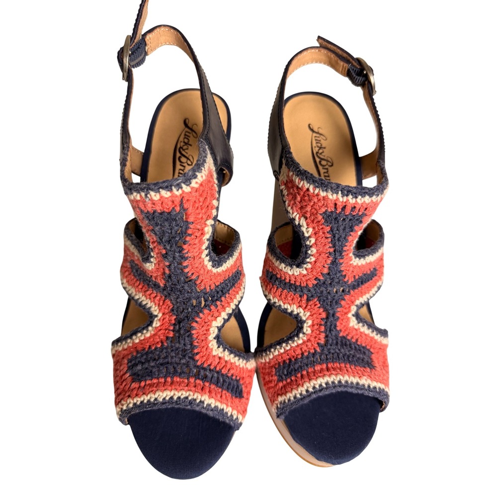 Lucky Brand Crochet Wedge Sandals Navy Blue Coral Boho Platform Heels 8M